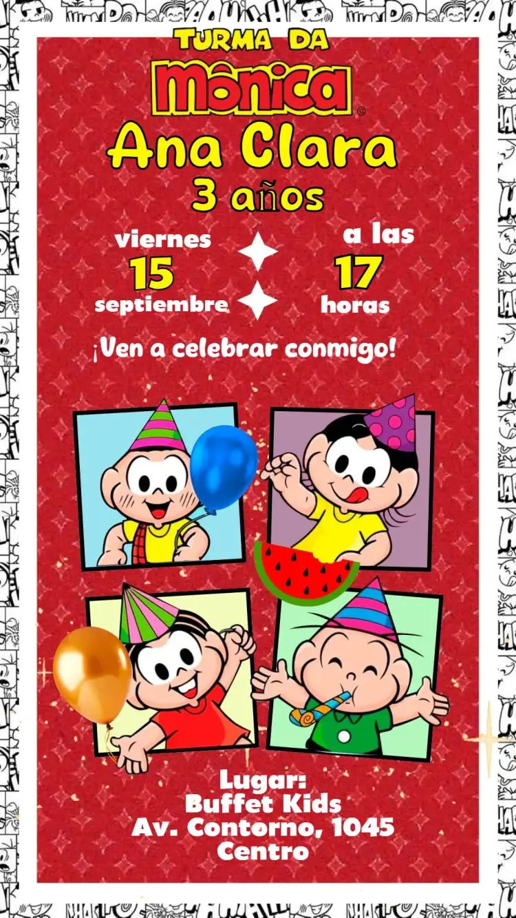 Invitación Turma da Mónica editable y personalizable