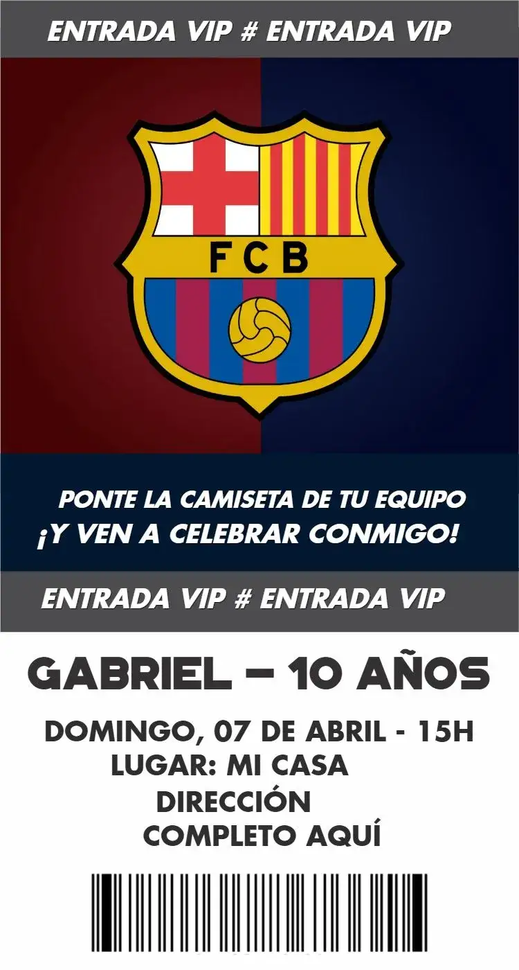 Invitación Entrada Barcelona – tema Cumpleaños deportivo, colorido, moderno, dinámico, fútbol, vibrante