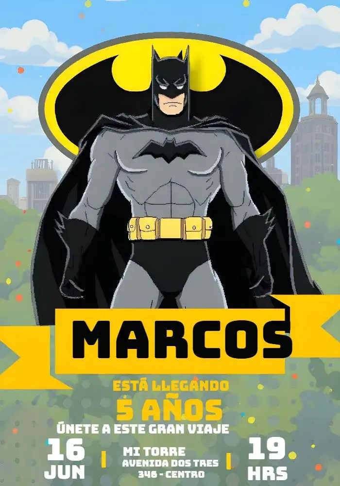 Invitación Batman Dc – tema Más buscados colorido, moderno, superhéroe, urbano, divertido