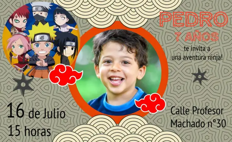Invitación Naruto Chibi Con Foto Nube – tema Cumpleaños Infantil divertido, colorido, temático, moderno, jovial