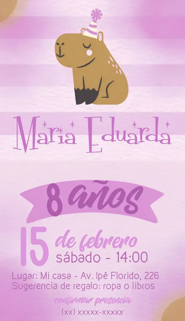 Invitación Capibara Roxo – tema Cumpleaños Infantil morado, lila, animales lindos, infantil, colorido, divertido