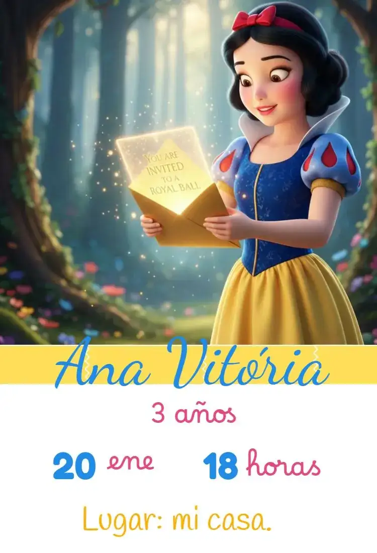 Invitación Invitación Blancanieves – tema Cumpleaños Infantil colores vibrantes, estilo encantador, elementos de cuentos de hadas, ilustraciones infantiles, diseño lúdico