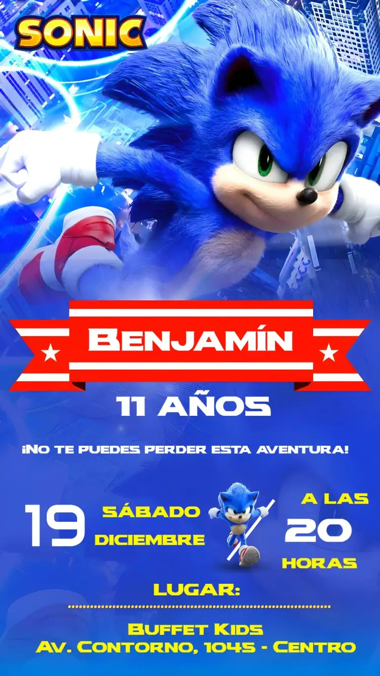 Invitación Sonic – tema Cumpleaños colorido, divertido, infantil, temático, moderno, jogos