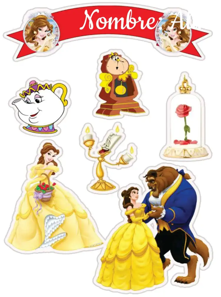 Invitación La Bella y la Bestia – tema Topper de torta colorido, mágico, infantil, romántico, cuentos de hadas, vintage