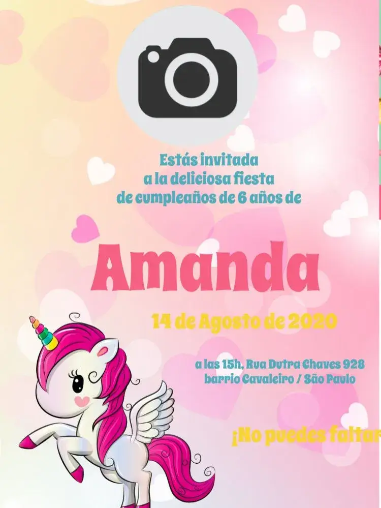 Invitación Unicornio Con Foto Niña