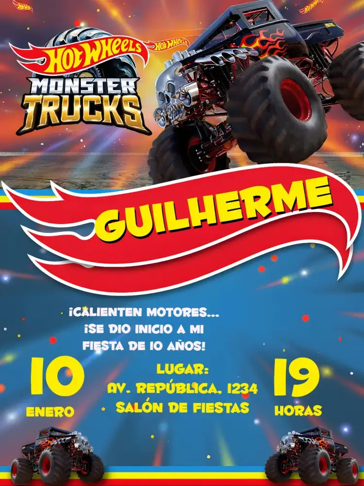 Invitación Hotwheels Rojo – tema Más buscados vibrante, colorido, moderno, temático, divertido