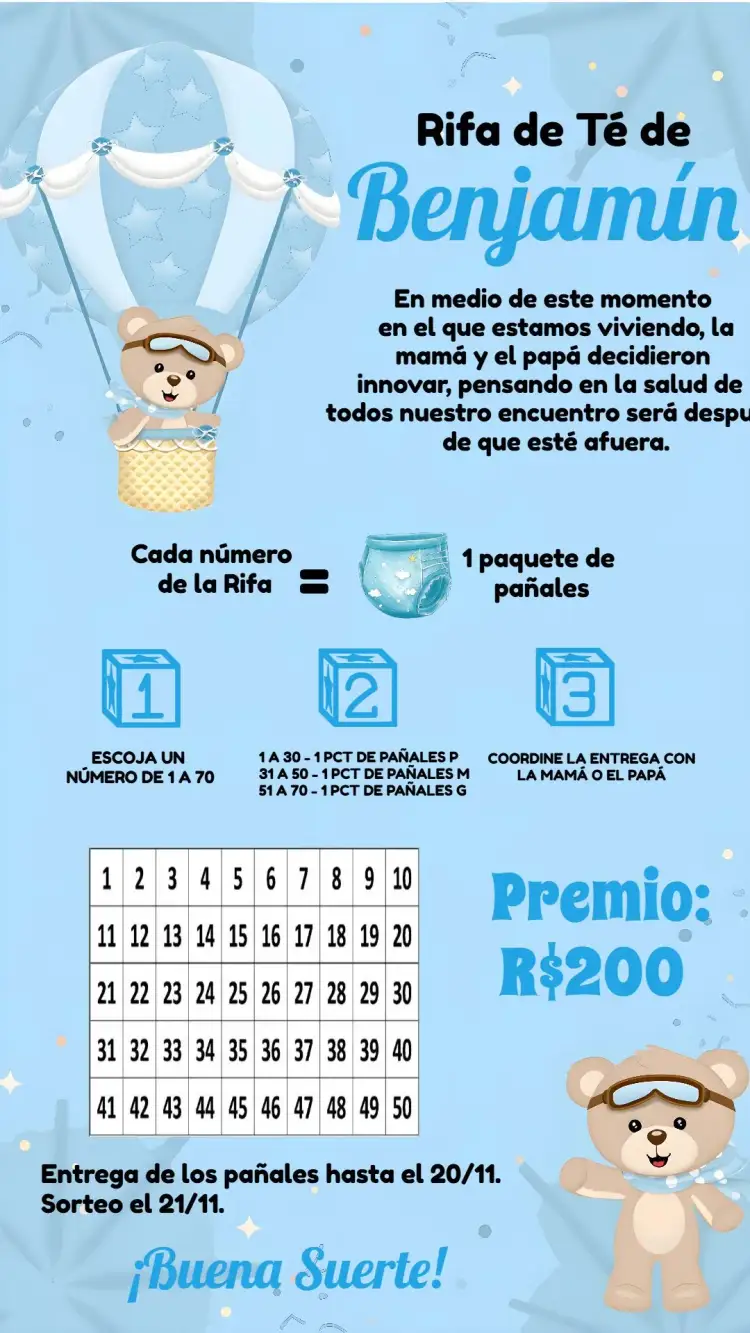 Invitación Chá Rifa Osito Globos Aerostáticos Cha – tema Té Rifa azul y blanco, divertido, infantil, lúdico, cariñoso