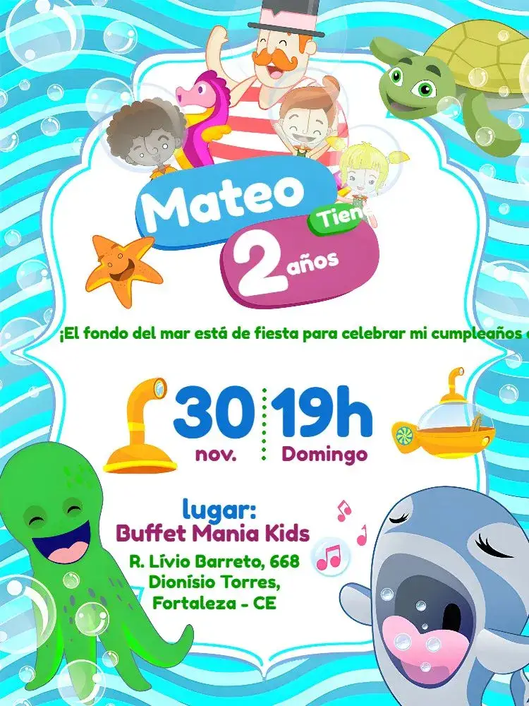 Invitación Mundo Bita Fondo Del Mar Animales – tema Cumpleaños Infantil azul marino, colorido, divertido, infantil, lúdico