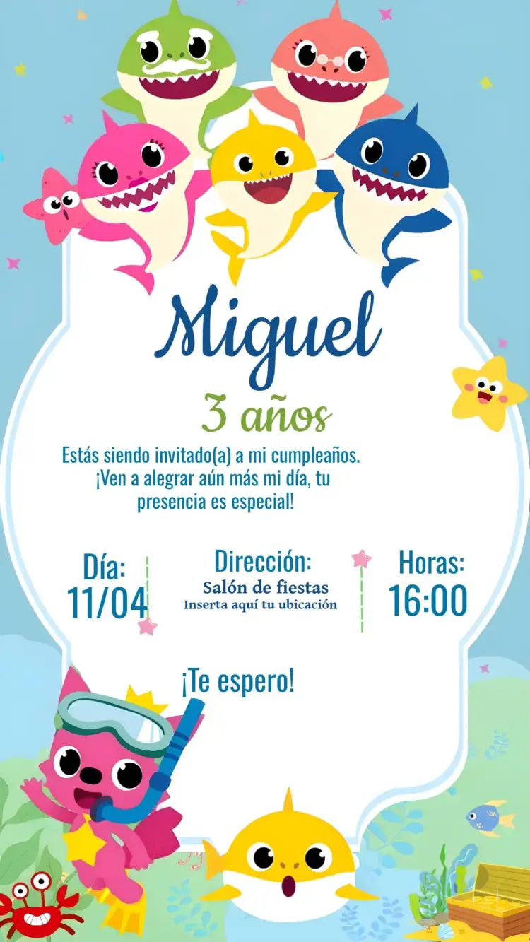 Invitación Baby Shark Tiburón – tema Más buscados colorido, azul marino, divertido, con animales, temático, infantil