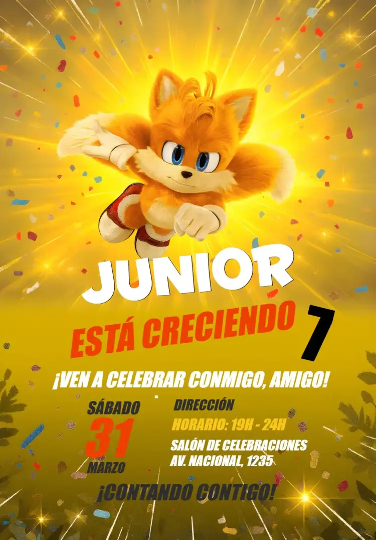 Invitación Sonic 3 Tails Película – tema Cumpleaños Infantil azul vibrante, estilo de cómic, aventura, elementos gráficos de película, negro y amarillo, diseño dinámico