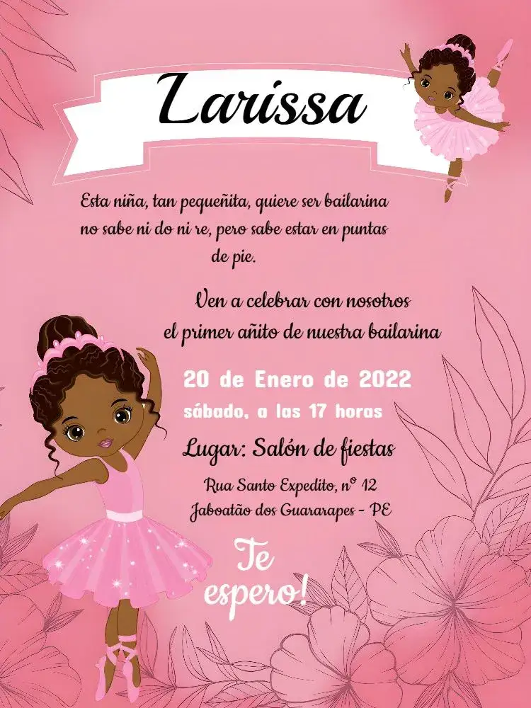 Invitación Bailarina Negra Rosa – tema Más buscados rosa, bailarinas, tema infantil, toque lúdico, estilo moderno, diseño elegante