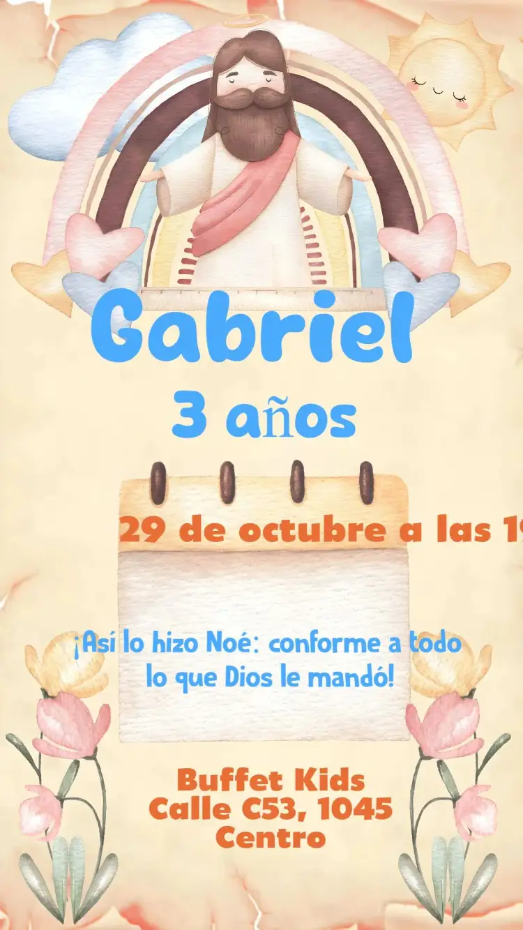Invitación Jesús – tema Cumpleaños Infantil corazones, azul claro, ilustraciones infantiles, religioso, alegre, colorido