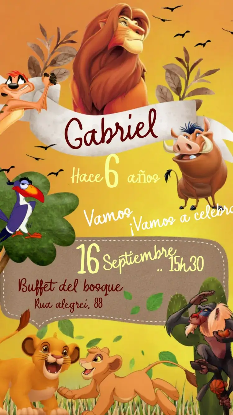 Invitación El Rey León Simba – tema Cumpleaños Infantil colorido, temático, animales del bosque, divertido, tropical, ilustraciones de dibujos animados