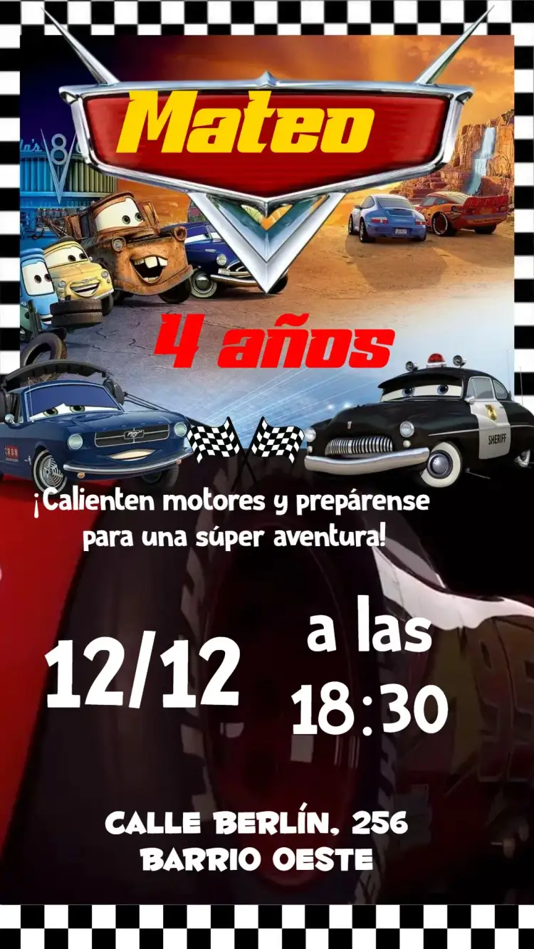 Invitación Carros Disney – tema Cumpleaños Infantil colorido, divertido, temático, infantil, animado