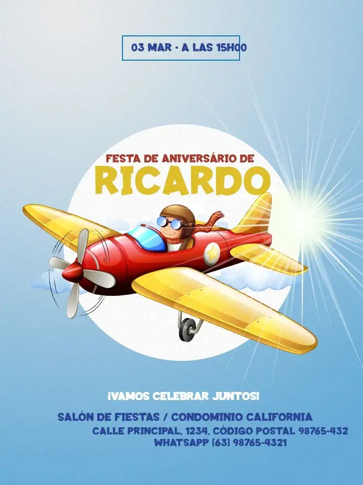 Invitación Infantil Masculino Avión Niño