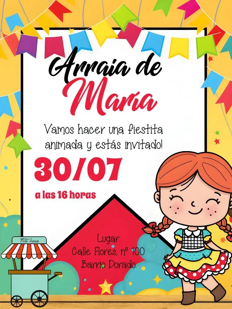 Invitación Arraiá Fiesta Junina Niña – tema Fechas Conmemorativas colorido, festivo, típico, vibrante, alegre, infantil