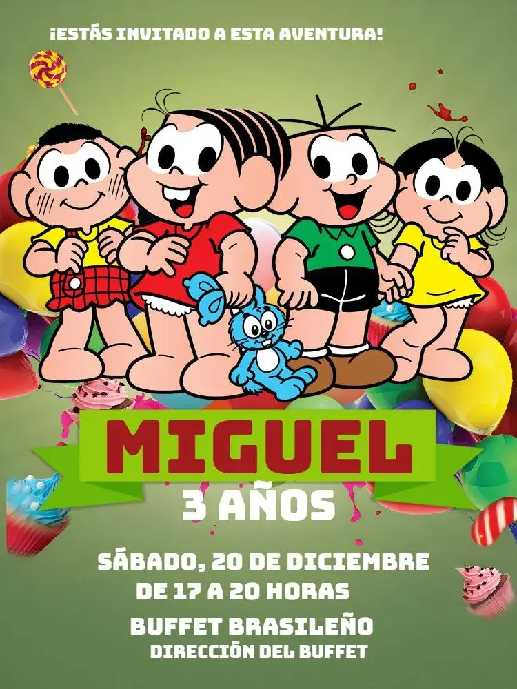 Invitación Turma De La Mónica Cascão – tema Cumpleaños Infantil divertido, colorido, infantil, temático, brincalhão, ilustrativo