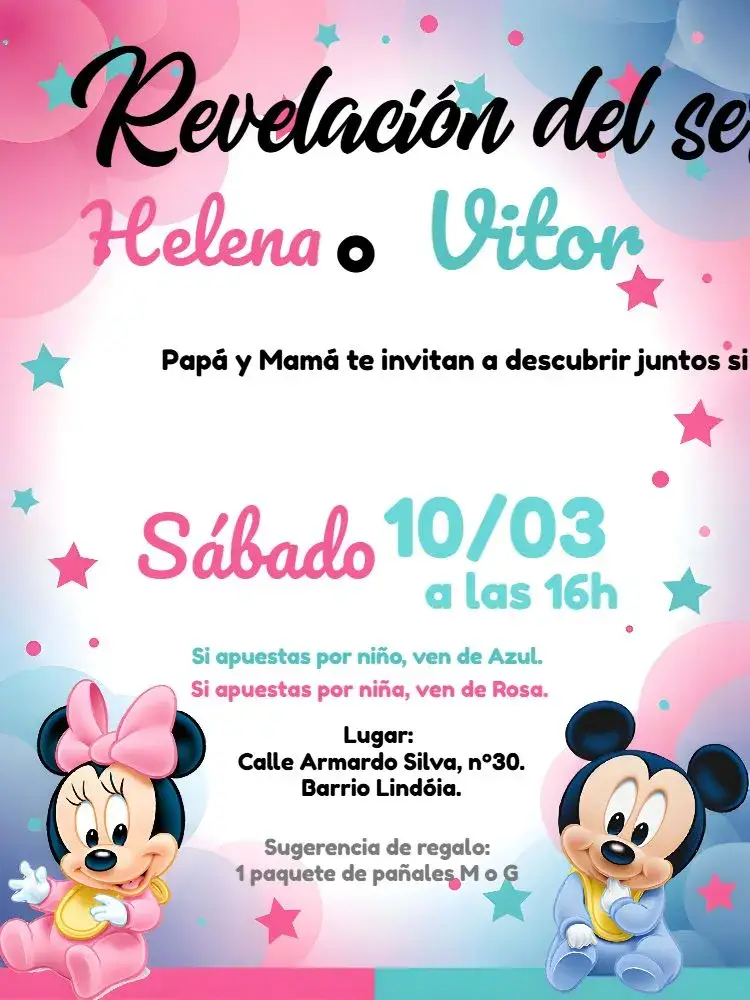 Invitación Baby Shower Revelación Minnie Y Mickey Niño editable y personalizable