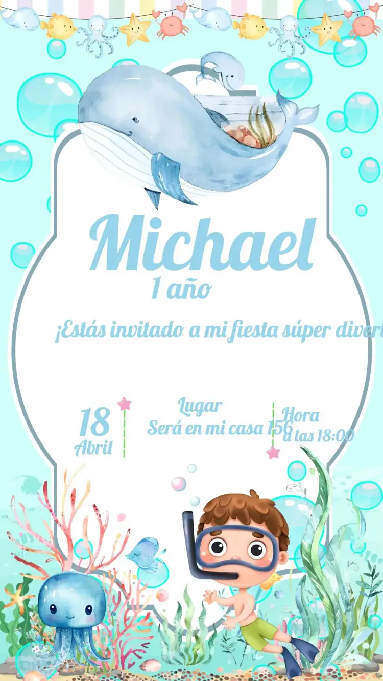 Invitación Fondo Del Mar Azul – tema Cumpleaños Infantil fondo marino, acuarela, estilo infantil, colores azul y blanco, elementos marinos, diseño delicado