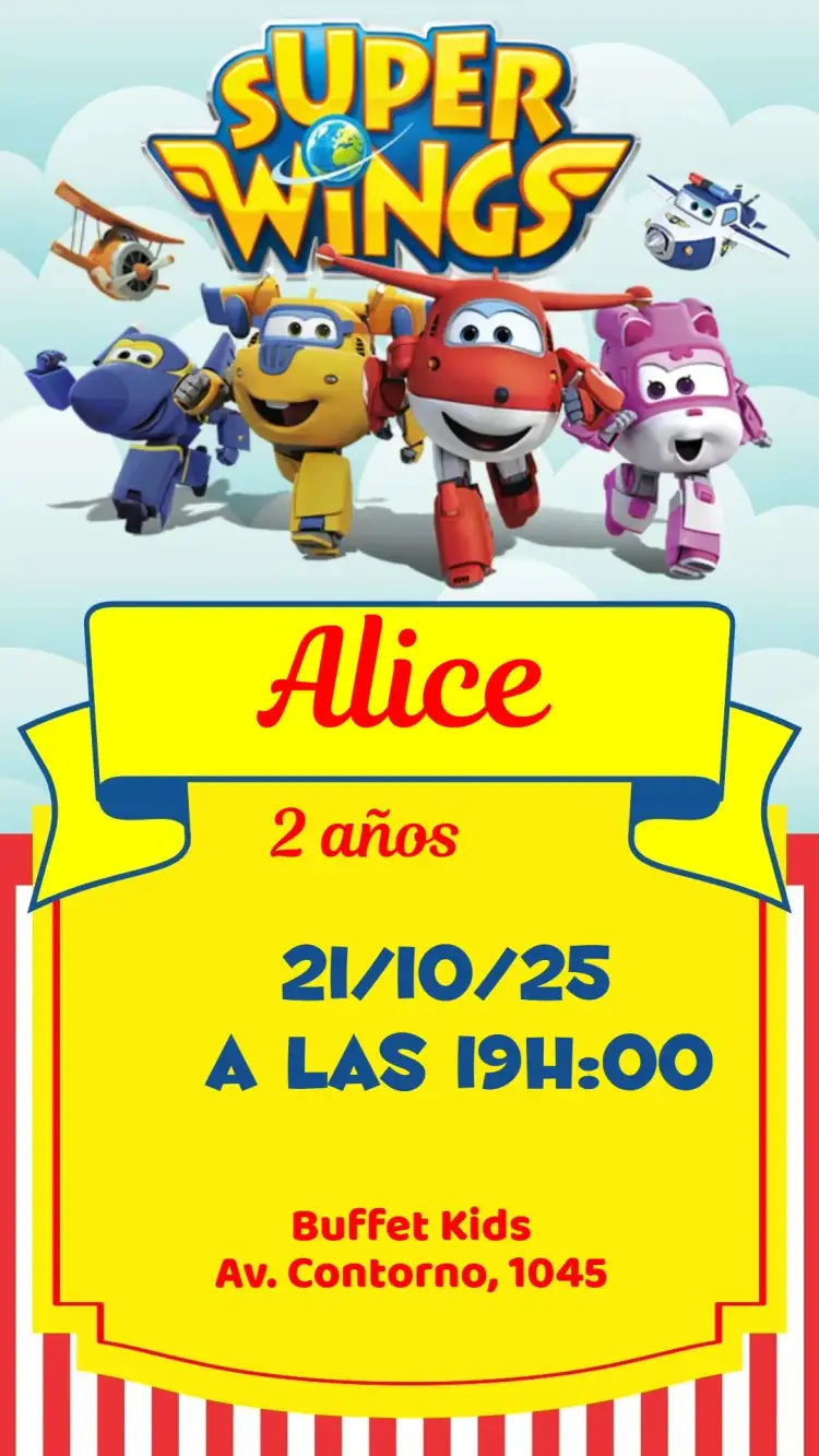 Invitación Super Wings – tema Cumpleaños Infantil colorido, divertido, aeroespacial, infantil, moderno