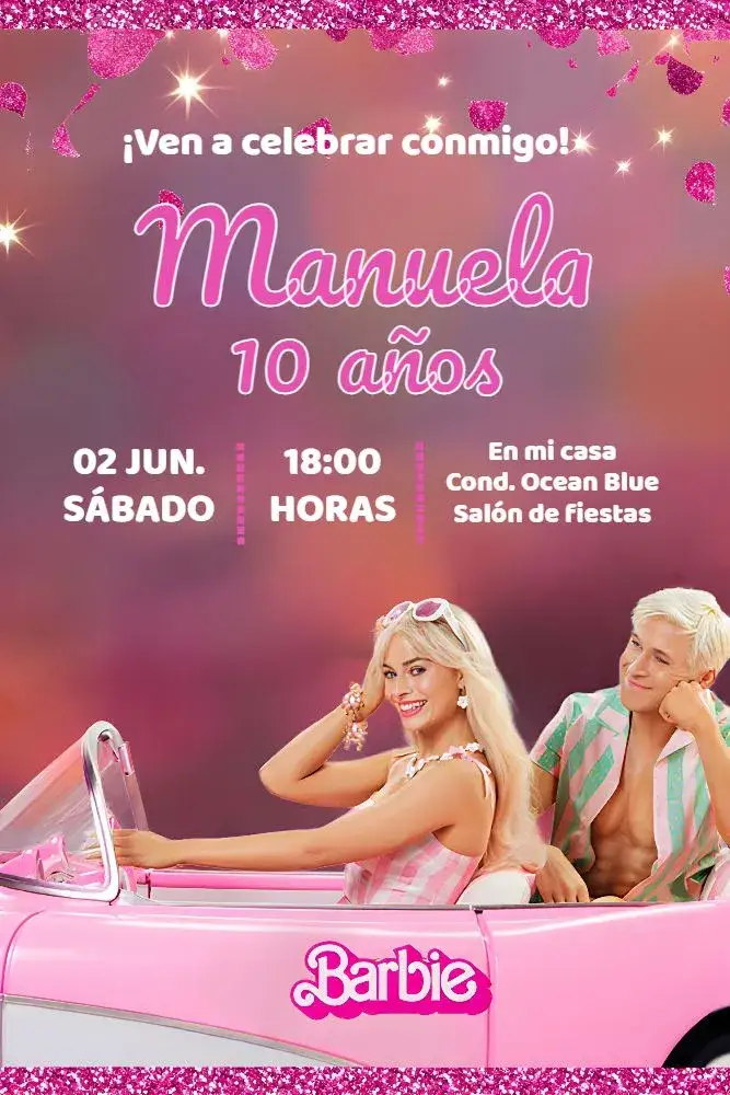 Invitación Barbie Película Nueva – tema Fechas Conmemorativas rosa, azul, blanco, moderno, divertido, infantil