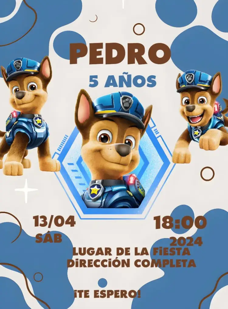 Invitación Patrulla Canina Chase Patas editable y personalizable