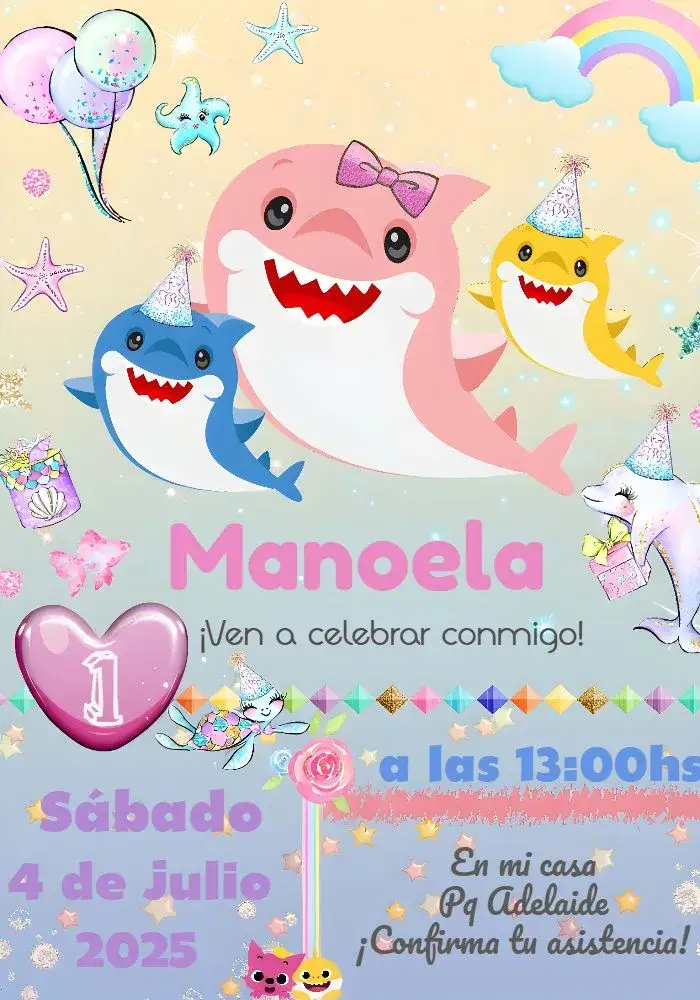 Invitación Baby Shark Año – tema Fechas Conmemorativas colores vibrantes, estilo lúdico, elementos acuáticos, ilustraciones divertidas, tema rosa, diseño moderno