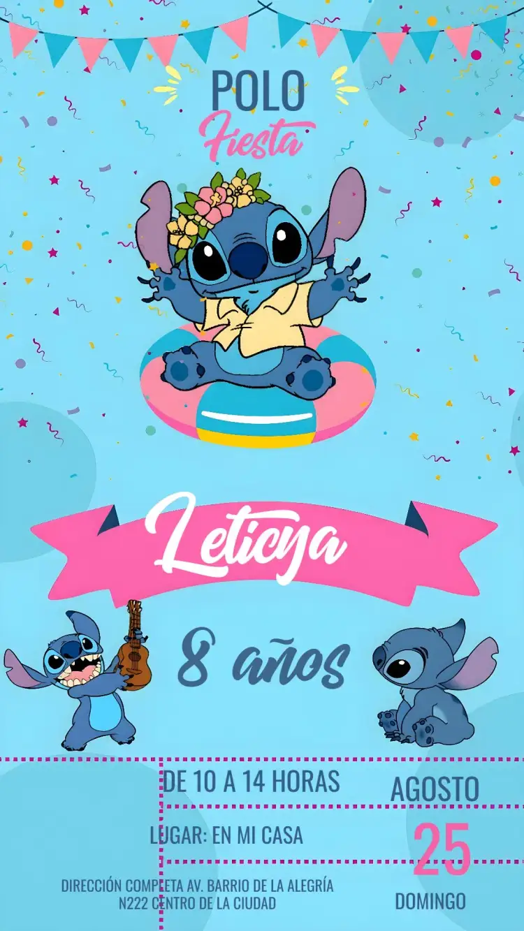 Invitación Stitch Pool Party Disney – tema Más buscados colorido, divertido, temático, lúdico, tropical, infantil
