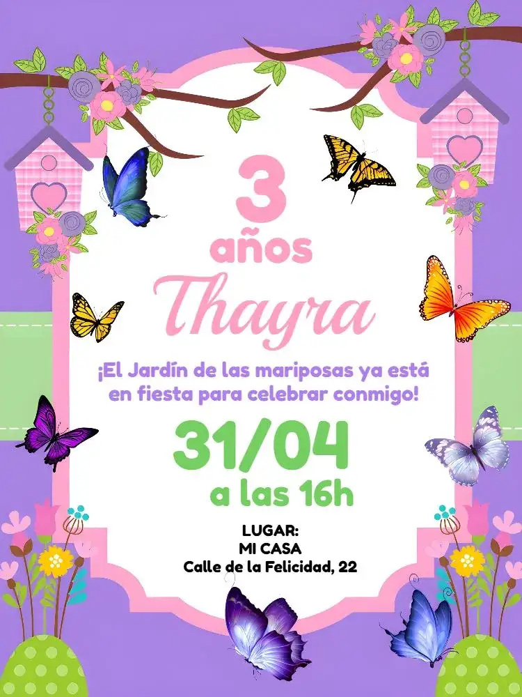 Invitación Jardín De Las Hadas Mariposa – tema Fechas Conmemorativas floral, mágico, colores suaves, fantasía, lúdico