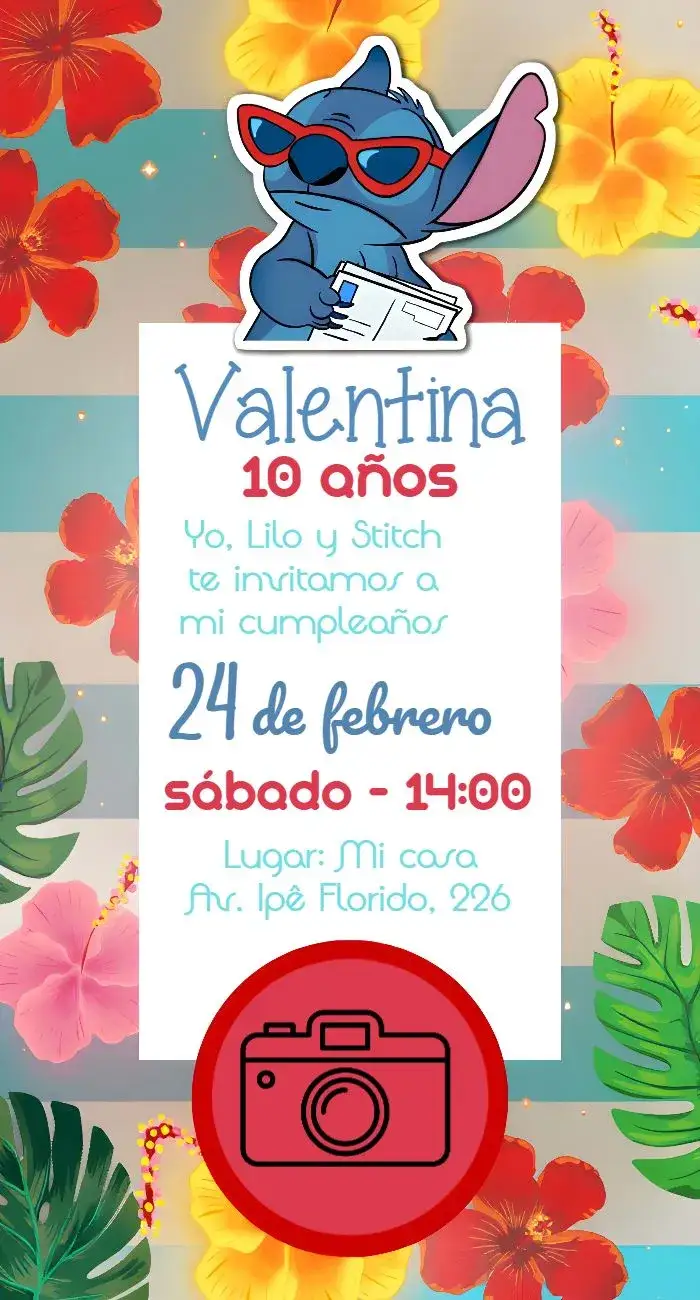 Invitación Stitch Con Foto Dibujo – tema Cumpleaños Infantil tropical, floral, colorido, divertido, havaiano