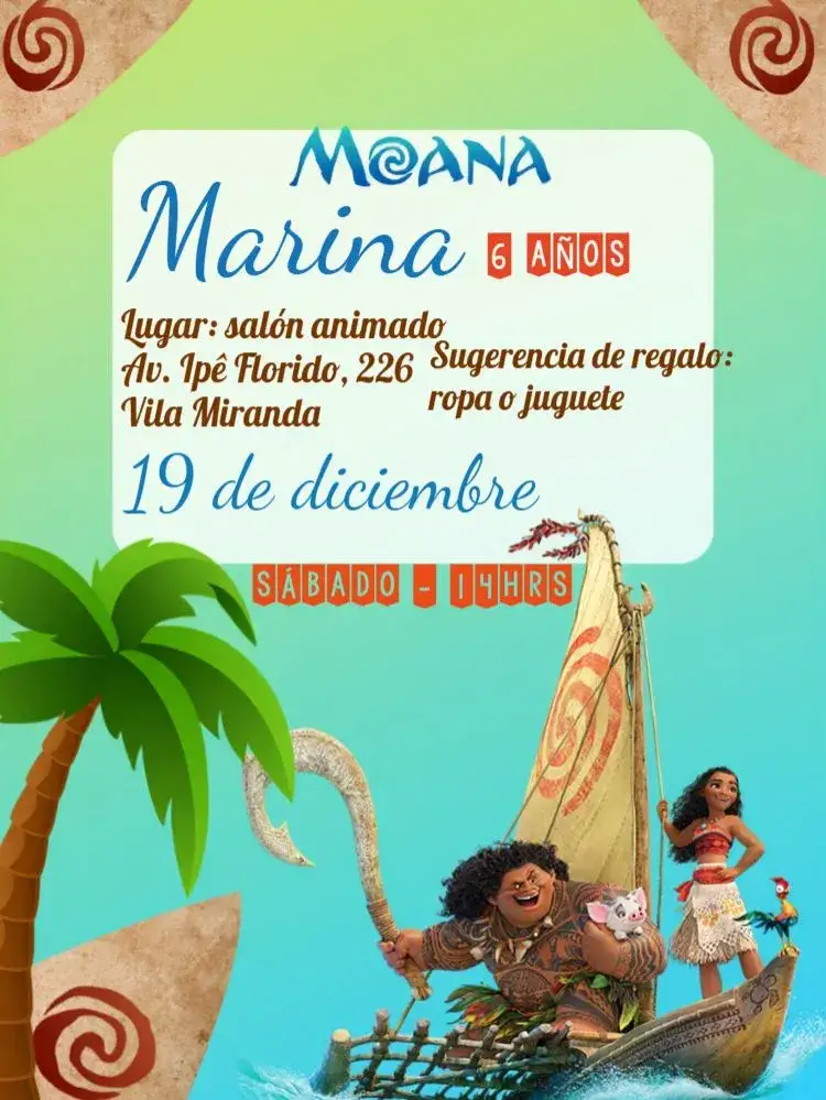 Invitación Moana Morado – tema Cumpleaños Infantil colorido, playa, tropical, aventura, Disney, divertido