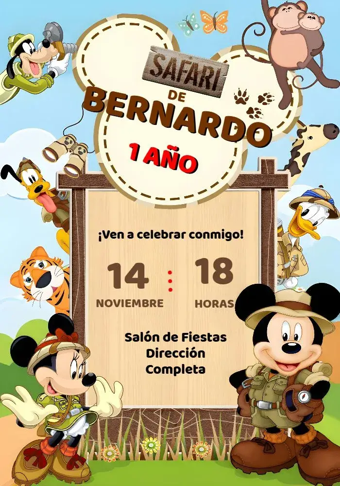 Invitación Mickey Safari Marrón