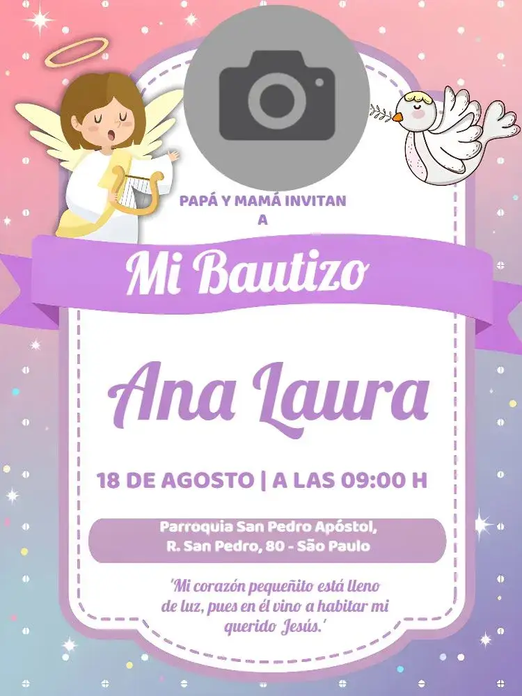 Invitación Bautizo Con Foto de Ángel – tema Bautismo lila suave, ángeles delicados, diseño moderno, elementos infantiles, estilo limpio, toques vintage