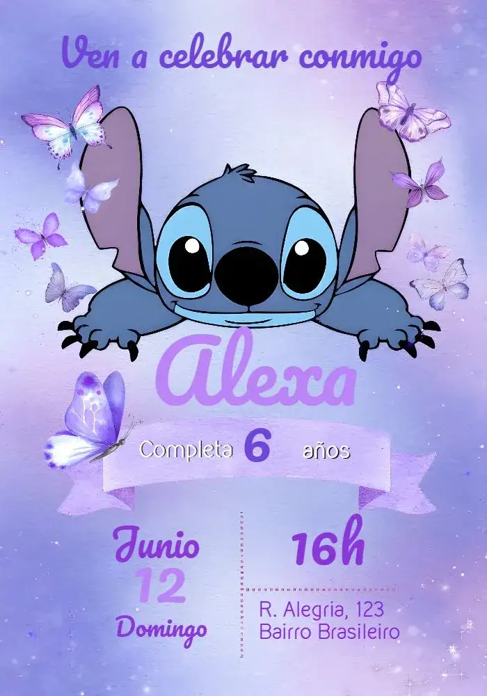 Invitación Stitch Lila – tema Más buscados acuarela, lila, floral, divertido, infantil, moderno