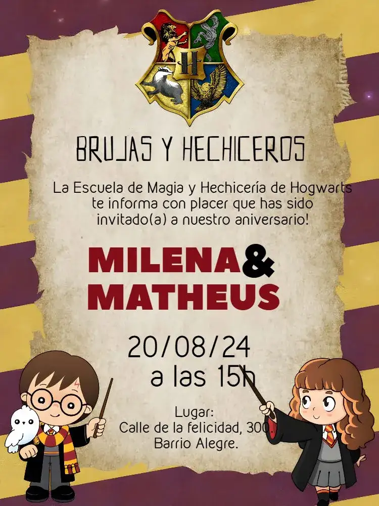 Invitación Doble Harry Potter y Hermione Hermanos – tema Cumpleaños Infantil mágico, temático, colorido, infantil, fantasía