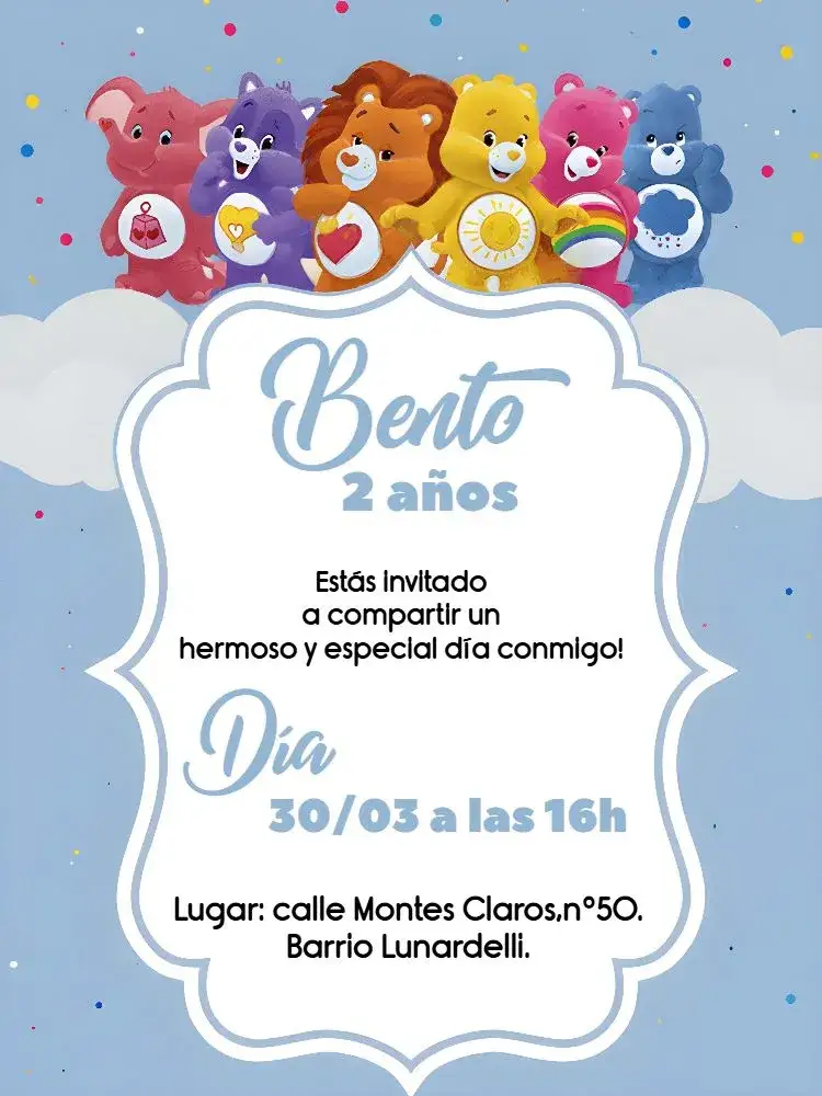 Invitación Os Ositos Cariñosos Amor – tema Cumpleaños Infantil azul, blanco, gris, nubes, mullido, infantil