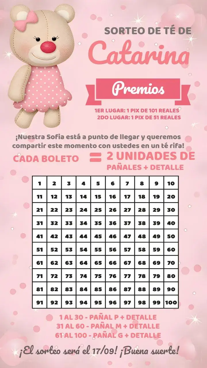 Invitación Té Rifa Osita Princesa – tema Té Rifa delicado, femenino, moderno, lúdico, suave, princesa