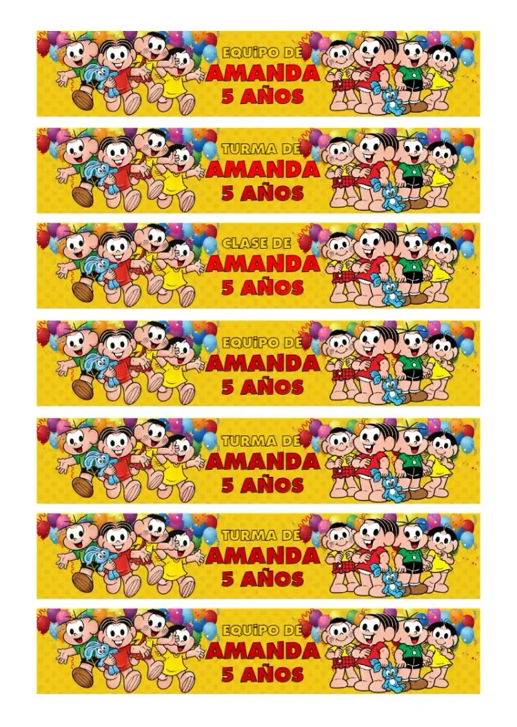 Invitación Etiqueta Para Botella 200ml Turma Da Mônica Arte – tema Cumpleaños Infantil colorido, infantil, divertido, brasileño, personajes clásicos, festivo