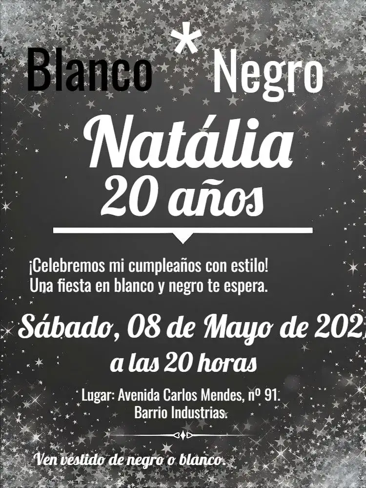 Invitación Negro Y Blanco Adulto – tema Cumpleaños minimalista, moderno, elegante, glitter, preto e branco, clásico