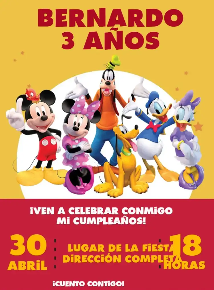 Invitación Grupo De Mickey Rojo – tema Cumpleaños Infantil colorido, divertido, temático, infantil, vibrante