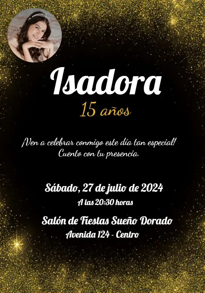 Invitación 15 Años Glitter Con Foto Chica – tema 15 años brillantina, lujoso, lila, negro, dorado, moderno