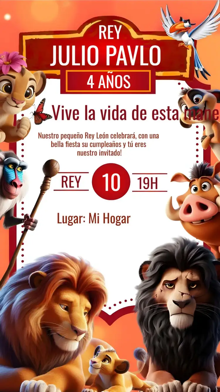 Invitación El Rey León – tema Cumpleaños Infantil salvaje, colorido, divertido, animado, tropical, ilustración