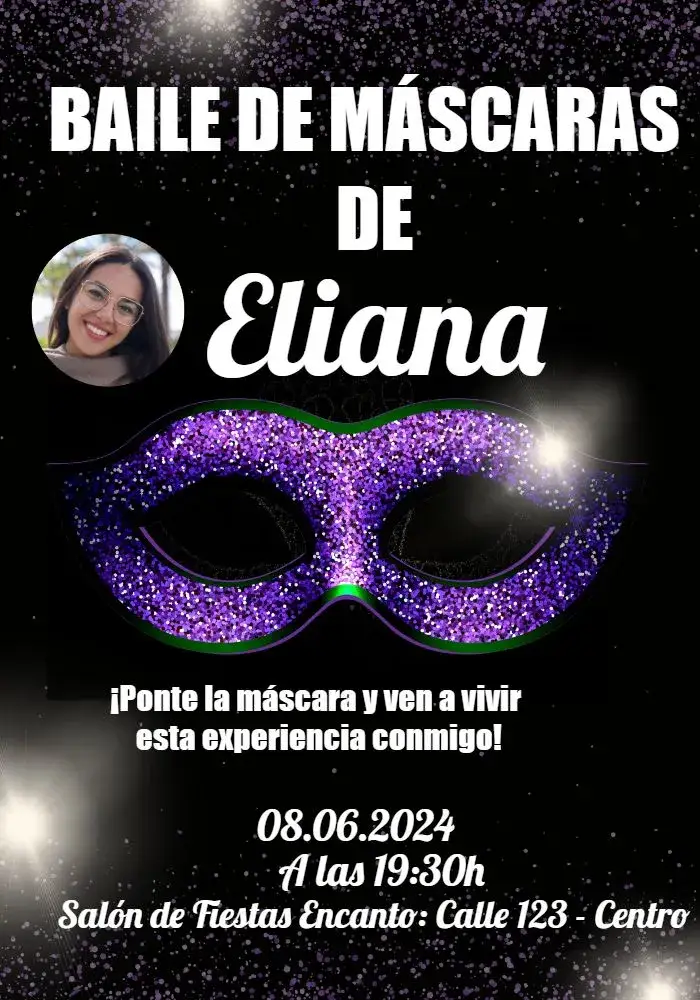 Invitación Baile De Máscaras Con Foto Festivo – tema Fechas Conmemorativas glamuroso, festivo, elegante, moderno, misterioso, colorido