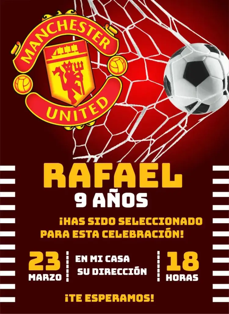 Invitación Manchester United 3 – tema Cumpleaños rojo y negro, moderno, fútbol, dinámico, deportivo, juvenil