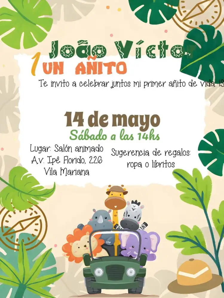 Invitación Safari Bichinhos – tema Fechas Conmemorativas animales salvajes, colores vibrantes, sabana, ilustraciones lúdicas, temática divertida