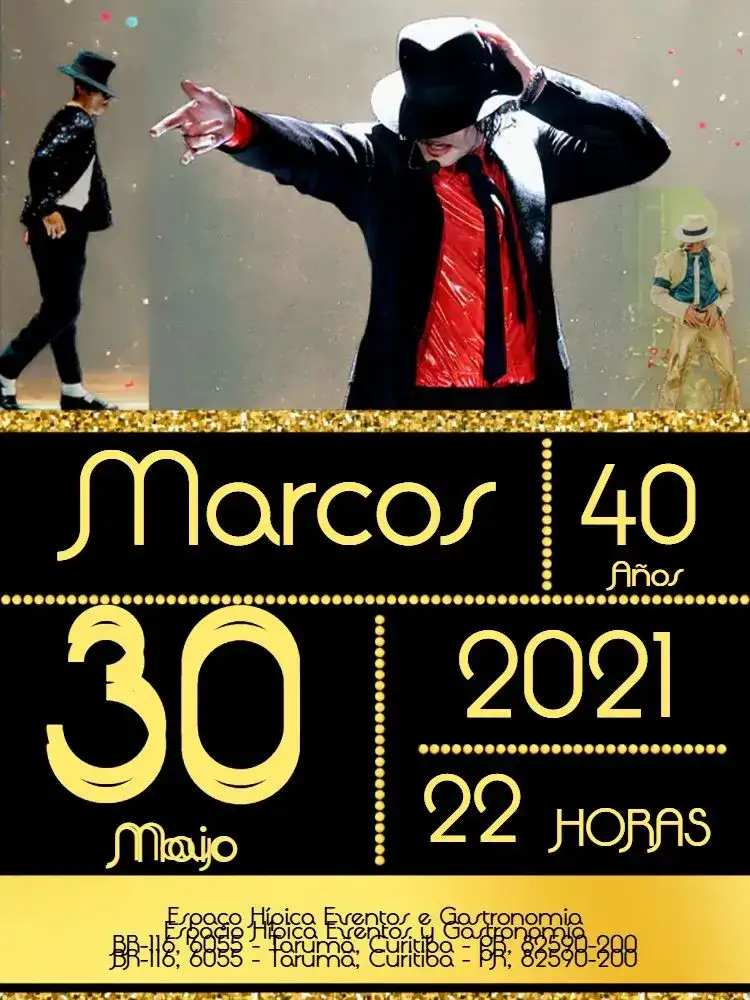 Invitación Rey Del Pop Michael Jackson – tema Cumpleaños Infantil negro, dorado, moderno, temático, musical, divertido