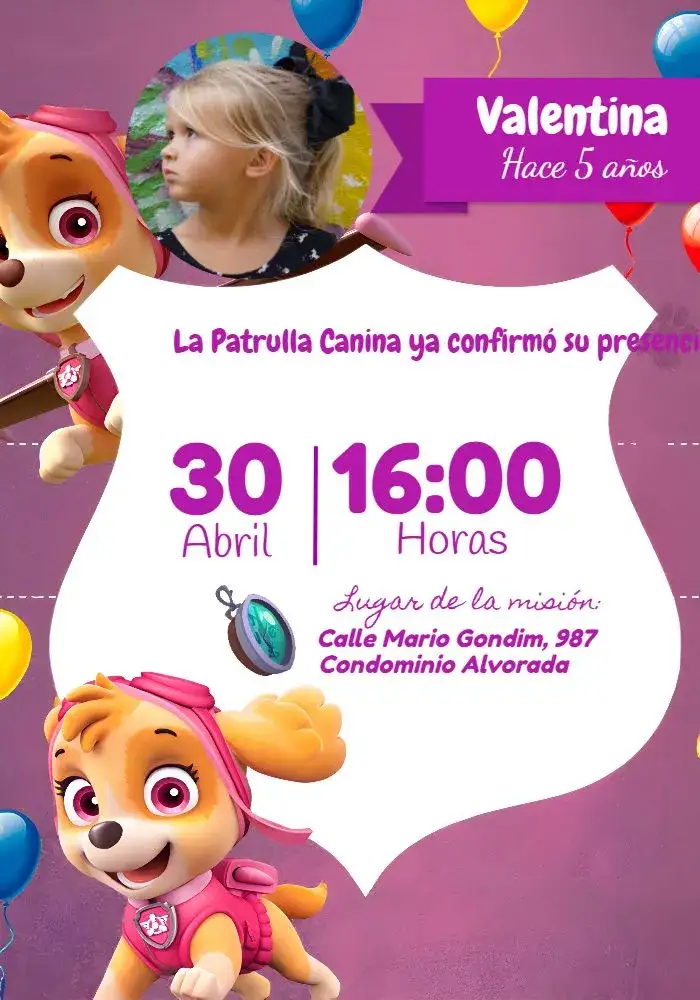 Invitación Patrulla Canina Con Foto Morado – tema Cumpleaños Infantil púrpura, rosa, blanco, purpurina, divertido, infantil
