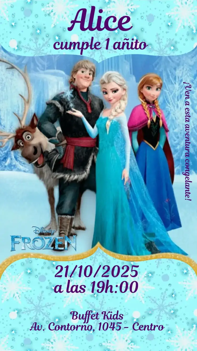 Invitación Frozen – tema Cumpleaños Infantil azul claro, blanco, elementos de nieve, estilo minimalista, ilustraciones de personajes, estilo lúdico