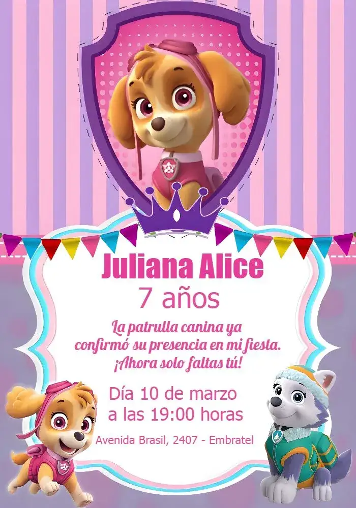 Invitación Patrulla Canina Skye – tema Cumpleaños Infantil colores vibrantes, ilustraciones de personajes, estilo divertido, elementos gráficos de aventura, tema de fiesta infantil