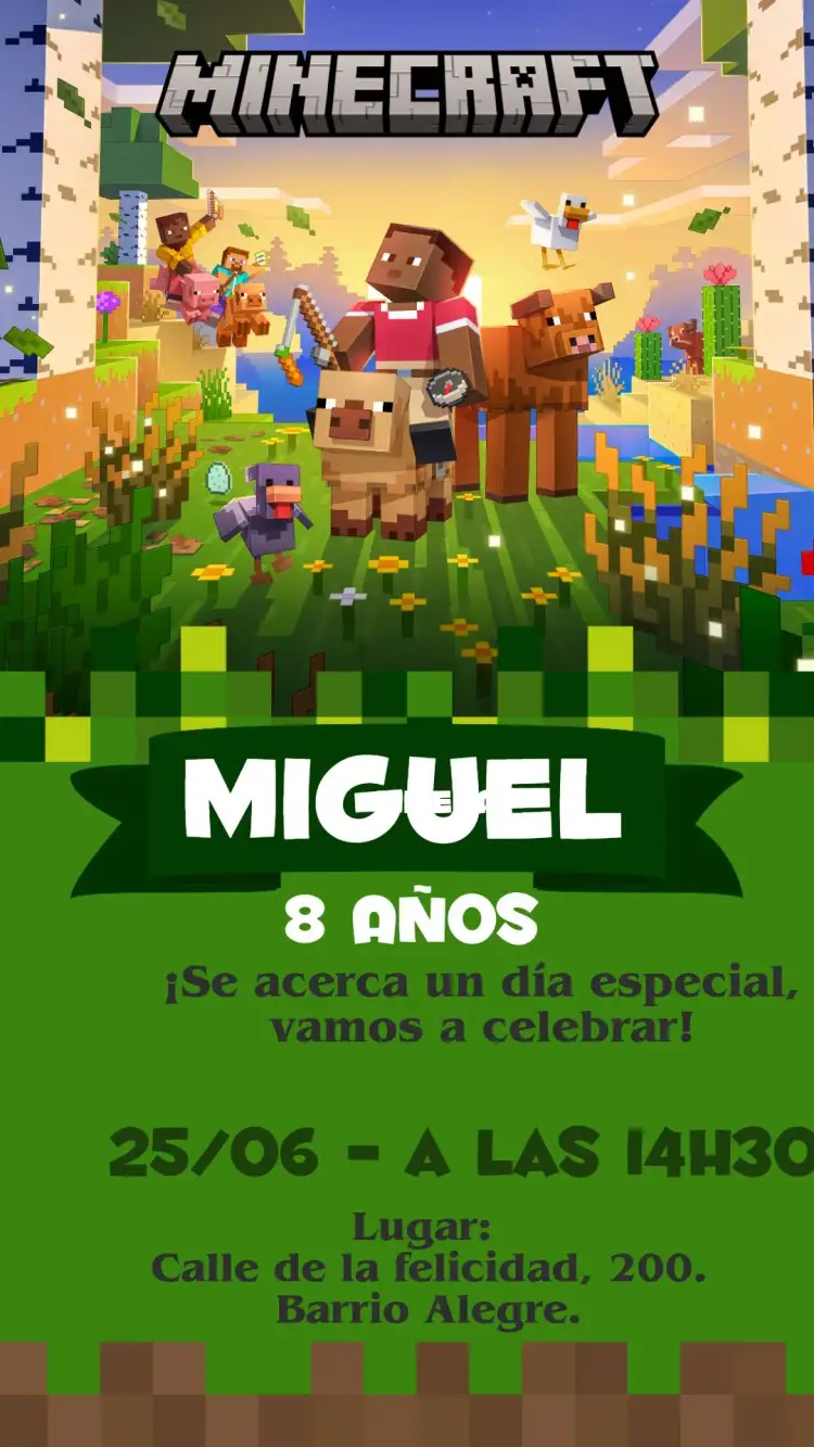 Invitación Cumpleaños Minecraft – tema Cumpleaños Infantil Minecraft, videojuegos, bloques, pixelado
